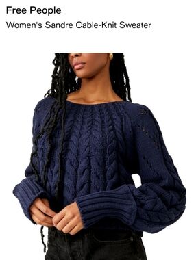 Free People Navy Sandre Cable Knit Crew Sweater